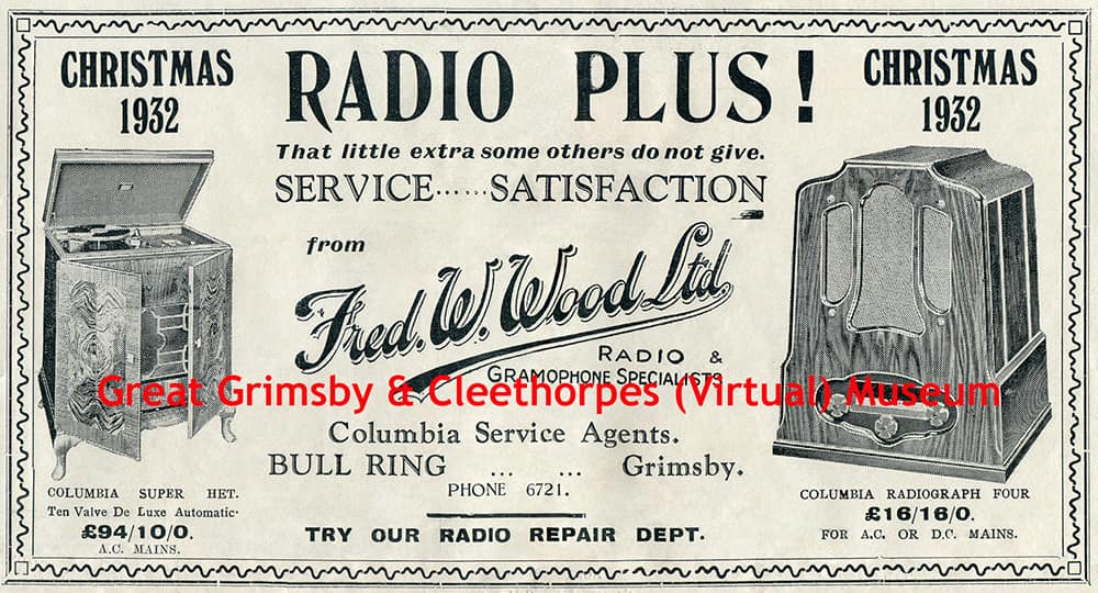 Fred. W. Wood Ltd., Bull Ring, Grimsby; Christmas 1932 radio advertisement.