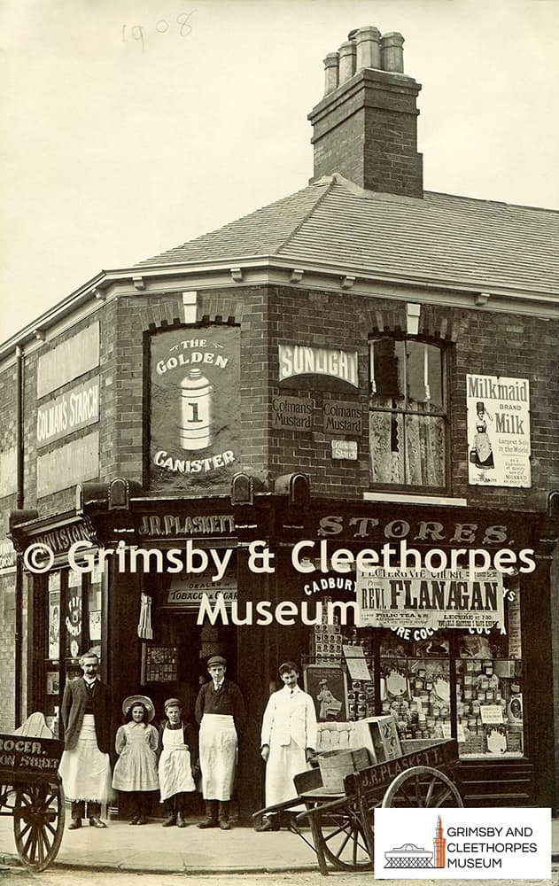 John Robert Plaskett, grocer & provisions dealer, 1 Ripon Street, Grimsby 1907.