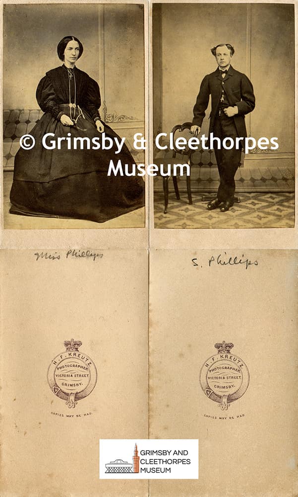 Studio portraits of S. Phillips and Miss Phillips by H. F. Kreutz of Grimsby c1870s.