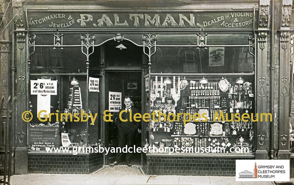 Philip Altman L.C.V., watchmaker & jeweller and dealer in violins and accessories, Cleethorpes c1912.