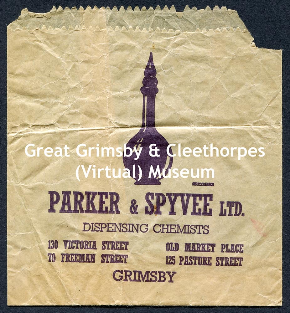 Parker & Spyvee, Dispensing Chemists, Grimsby; c1950s small paper bag.