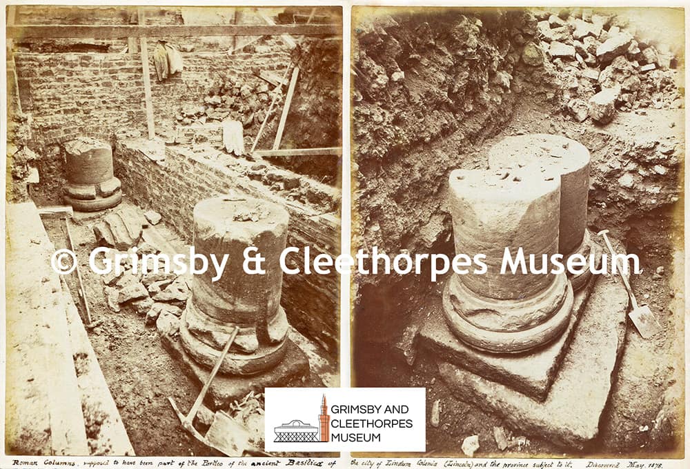 Large albumen photographs of Roman columns discovered in Lincoln in 1878.