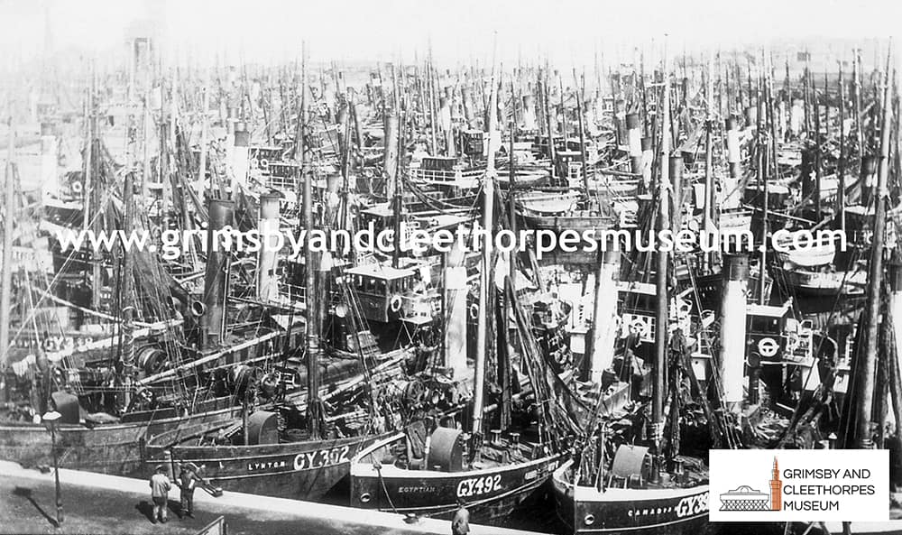Steam trawlers laid-up at Grimsby during the 1901 strike.